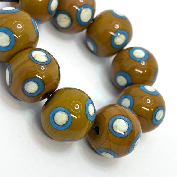 Handmade brown and turquoise lamp work glass beads
