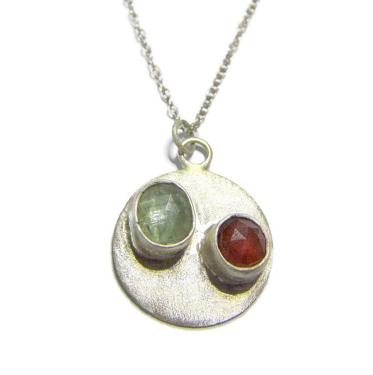 Rose Cut Green Kyanite and Hessonite Garnet Sterling Silver Disc Pendant 