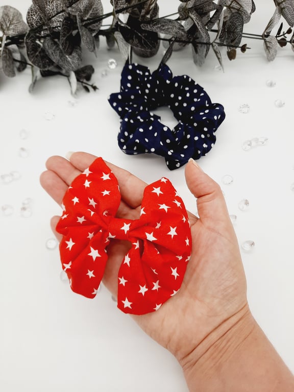 Red star bow and navy blue polkadot scrunchie set. 