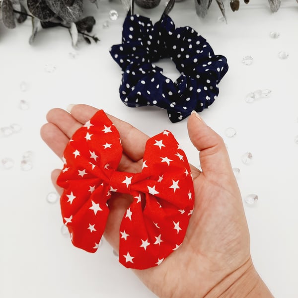 Red star bow and navy blue polkadot scrunchie set. 