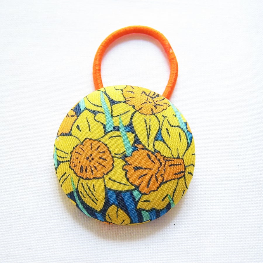Liberty London Daffodil fabric button ponytail holder for Spring. Large.