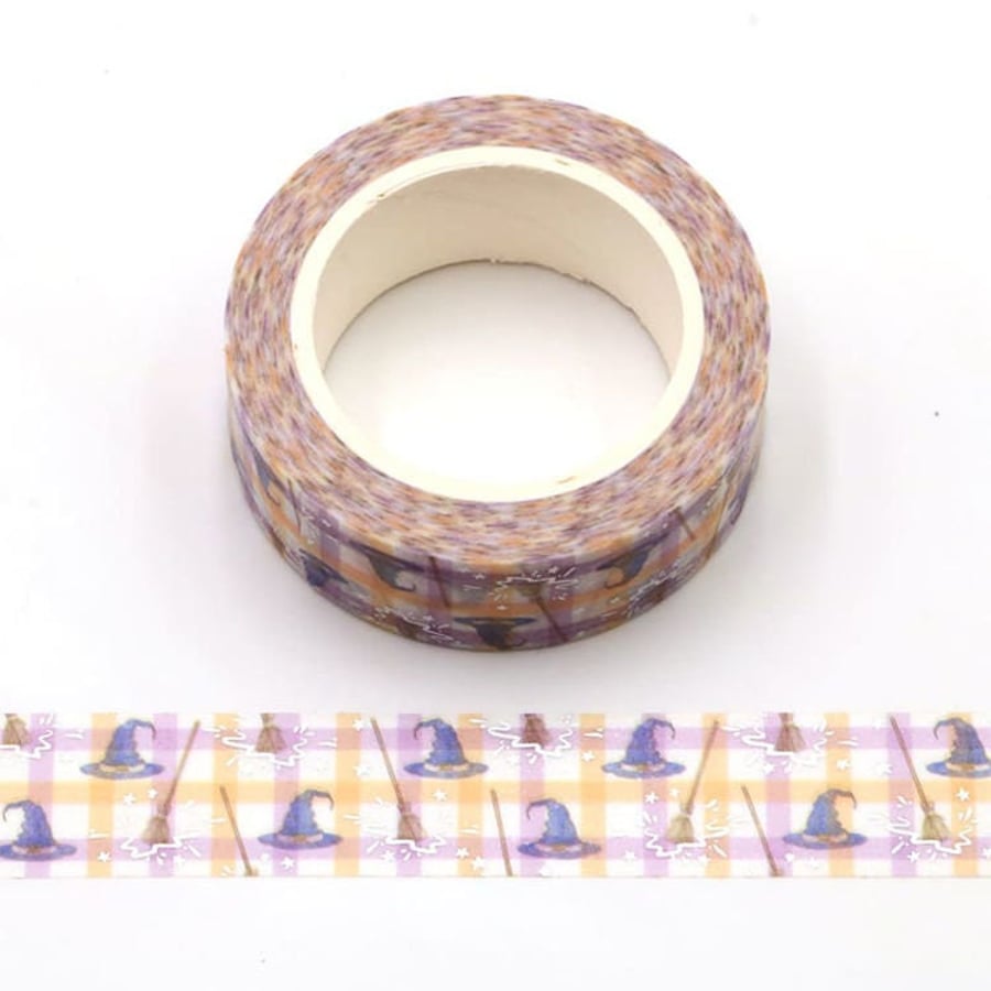 Witch Hat and Broom Purple and Orange Plaid Silver Holographic Embossed Washi Ta