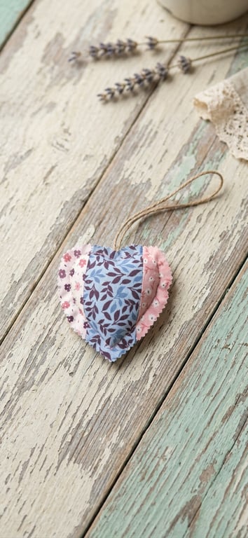 Handmade Lavender Scented Hanging Heart - Reversible Blue Leafy Patchwork & Coun
