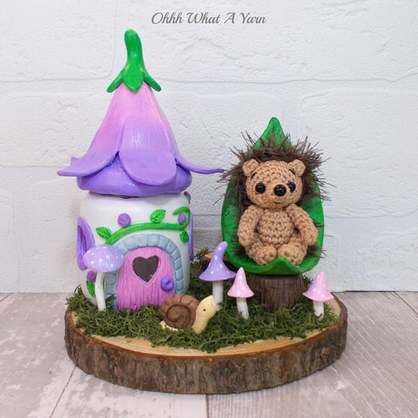 Hedgehog and light up fairy house mixed media sculpture. Crochet ornament.