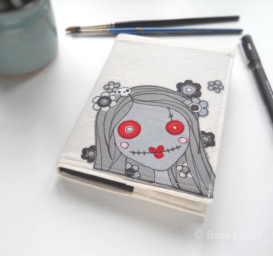 freemotion embroidered floral lady zombie A6 sketchbook monochrome