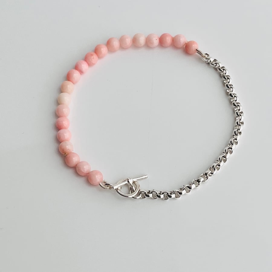 Pink Coral & Silver Rolo Chain Bracelet & Bolt-Ring Clasp