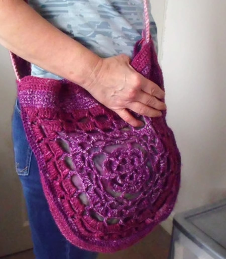 plum coloured vareigated crocheted boho bag, hippy granny square shoulder bag