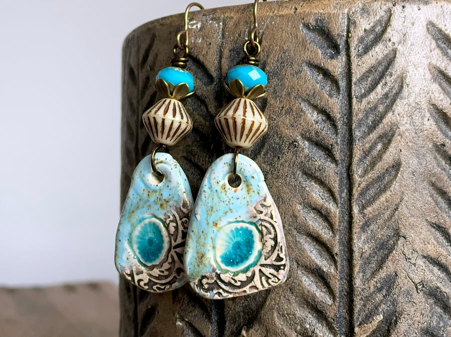 Turquoise Blue Artisan Ceramic Earrings. Long Bohemian Earrings. Unique Earrings