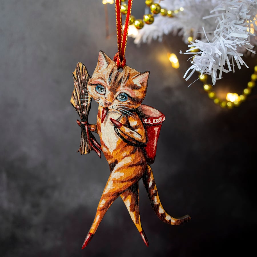 Double sided ginger Krampus cat wooden hanging ornament