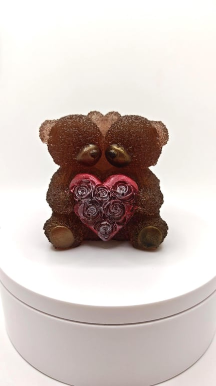 Resin Ornament: Couple Teddies Holding Flowers- Valentine's Day Gift- Handmade 