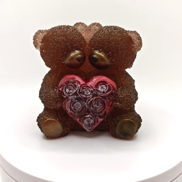 Resin Ornament: Couple Teddies Holding Flowers- Valentine's Day Gift- Handmade 