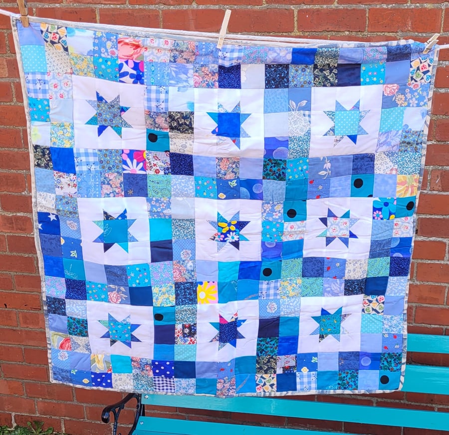 Homemade Blue baby star patchwork quilt.  32" x 32"