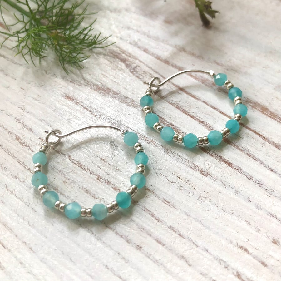  Amazonite & 925 Sterling Silver Beaded Hoop Earrings. Small Gemstone Earrings