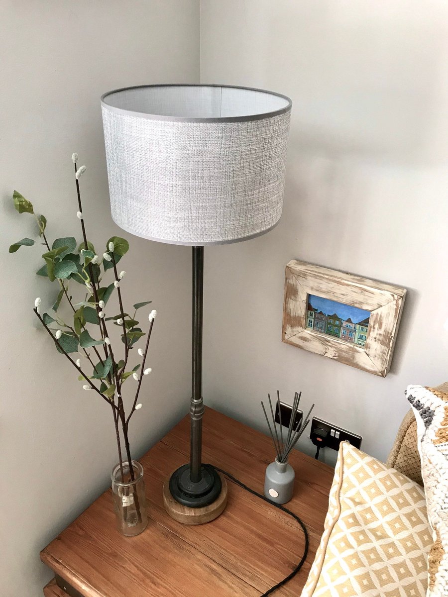Midi Length Table Lamp, Iron Stem, timber and Metal Base, Twisted Flex, Shade in