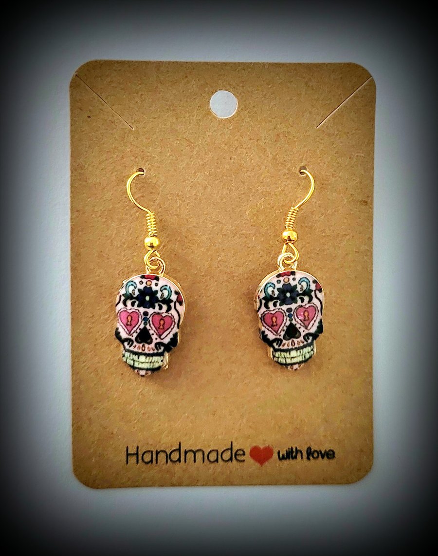 Pink & Grey Day of the Dead Skull Charm Dangle Earrings on Gold Plated Hooks