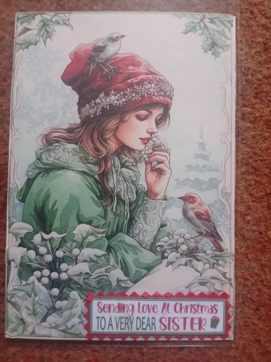 Christmas card for a dear Sister handmade birds