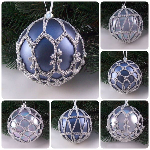 Christmas baubles boxed set of 6 large decorated with crochet lace A12