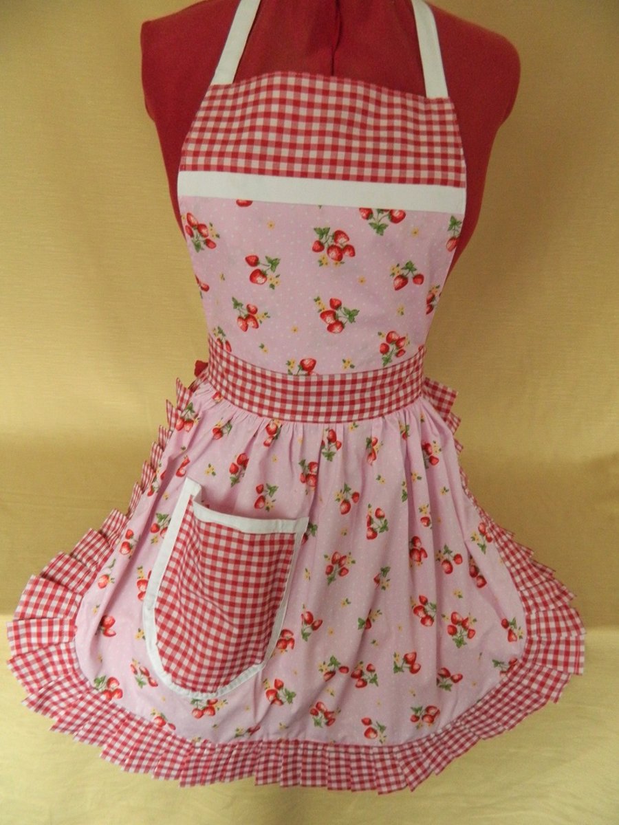 Vintage 50s Style Full Apron - Pink & White Spot with Strawberries and Red Check