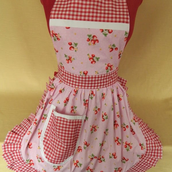 Vintage 50s Style Full Apron - Pink & White Spot with Strawberries and Red Check