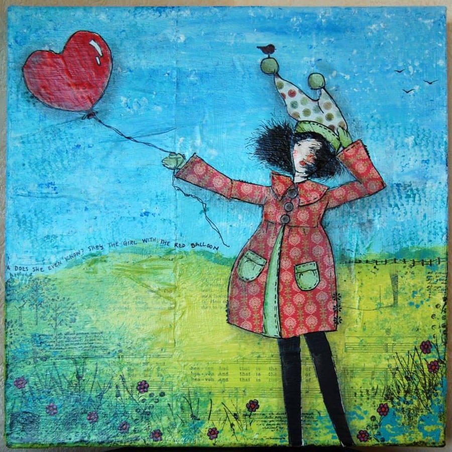 The Girl with the Red Balloon Mixed Media Painting