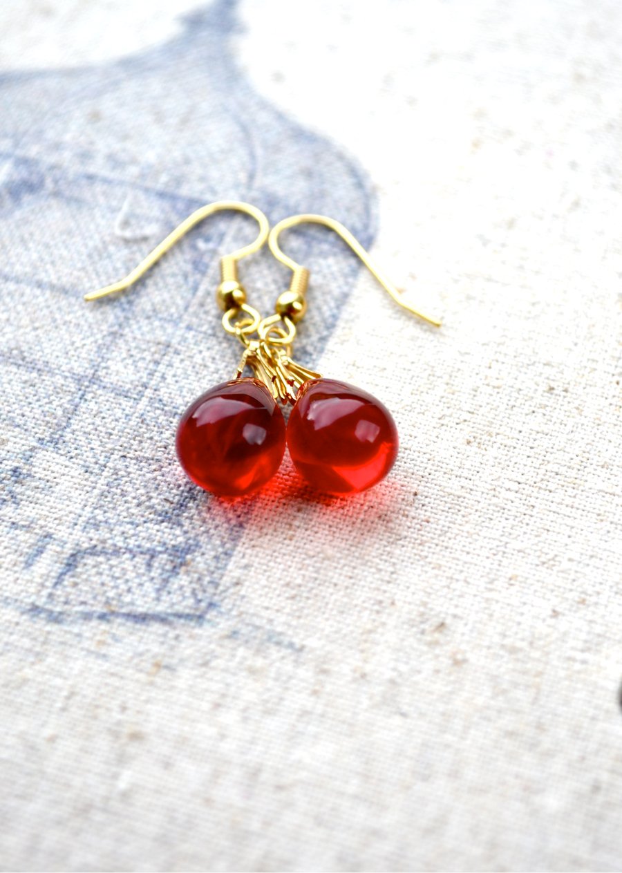 Red drop earrings, ruby red teardrop earrings, glass bead earrings