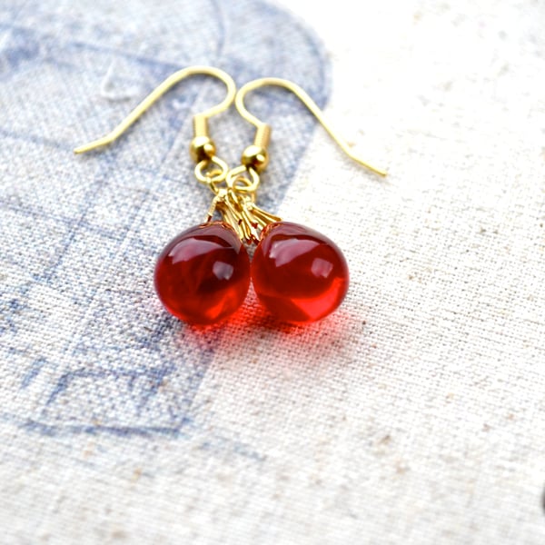 Red drop earrings, ruby red teardrop earrings, glass bead earrings