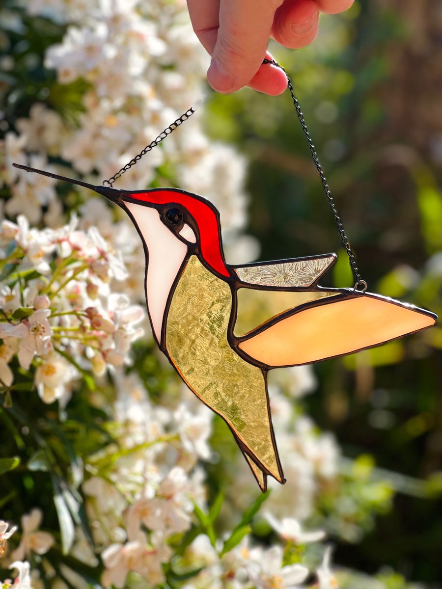 Stained Glass hummingbird in amber and red - summer gift