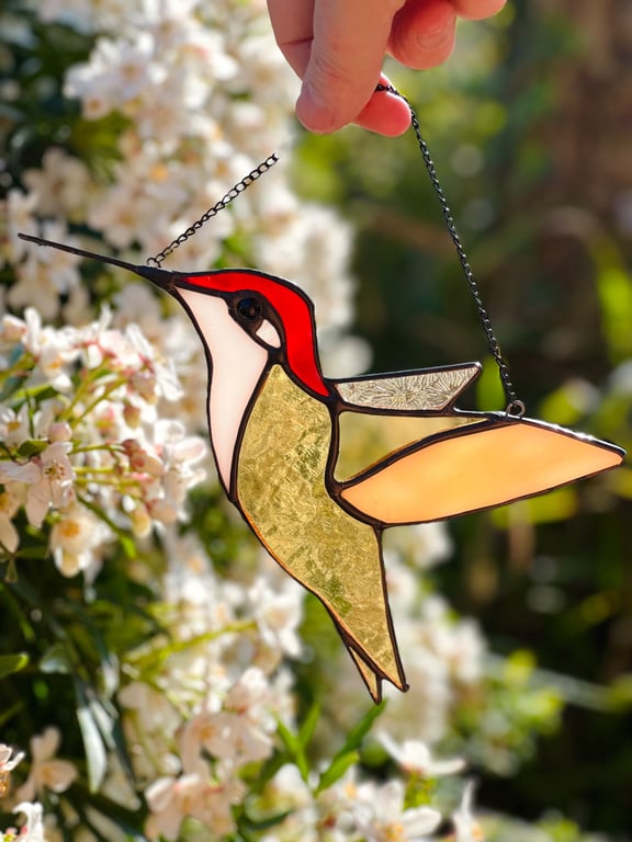 Stained Glass hummingbird in classic green and yellow colours