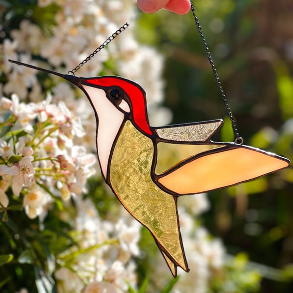 Stained Glass hummingbird in classic green and yellow colours