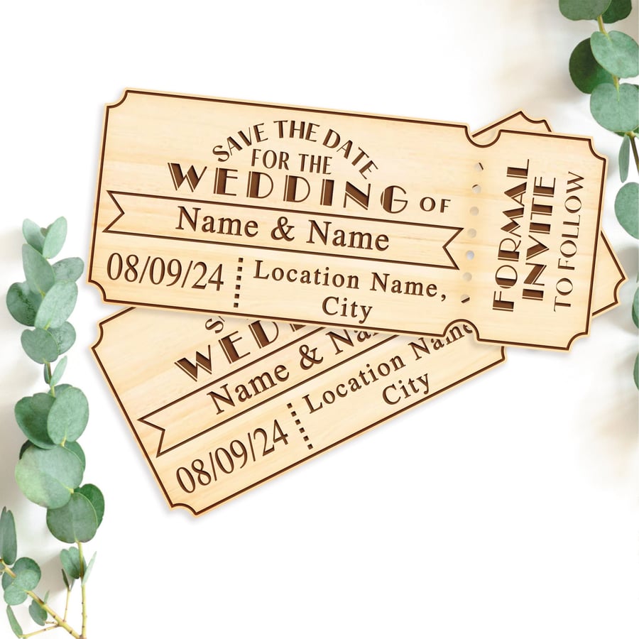 Save The Date Personalised Wedding Movie Ticket Beautiful Novelty Wooden 