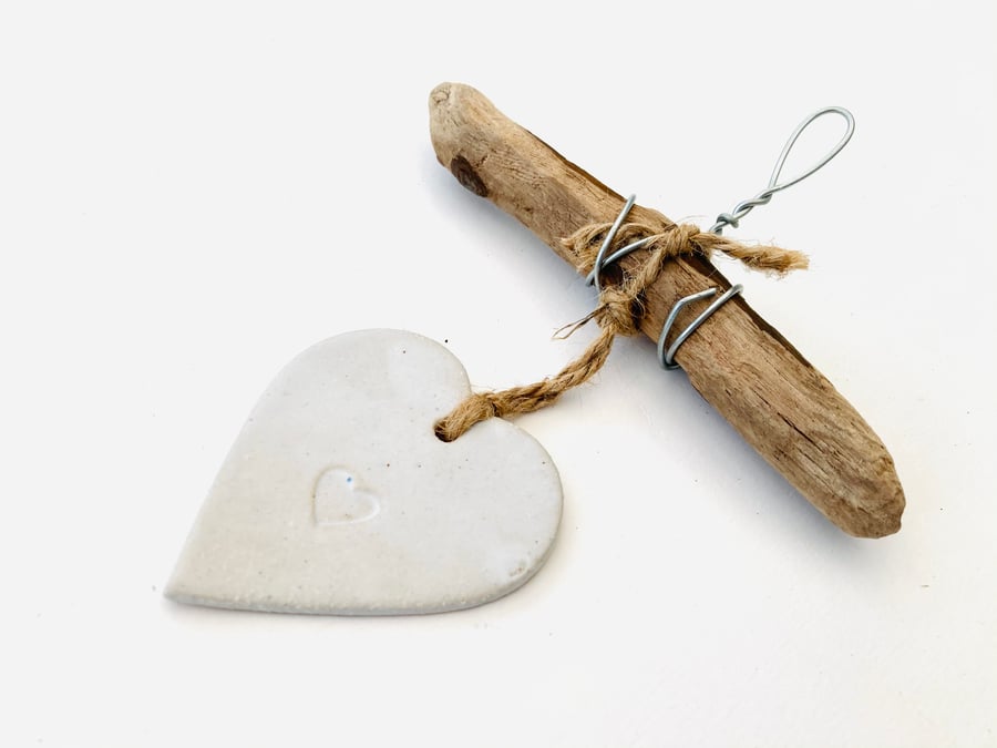 Bespoke, handmade Driftwood, Loveheart hanger, pottery, gift idea, birthday,