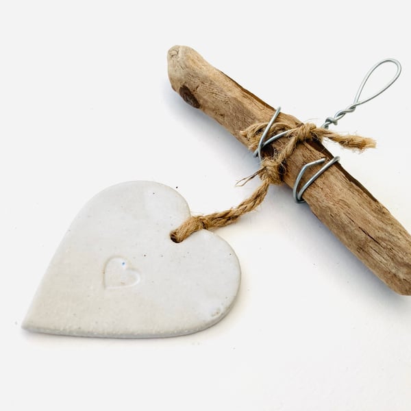 Bespoke, handmade Driftwood, Loveheart hanger, pottery, gift idea, birthday,