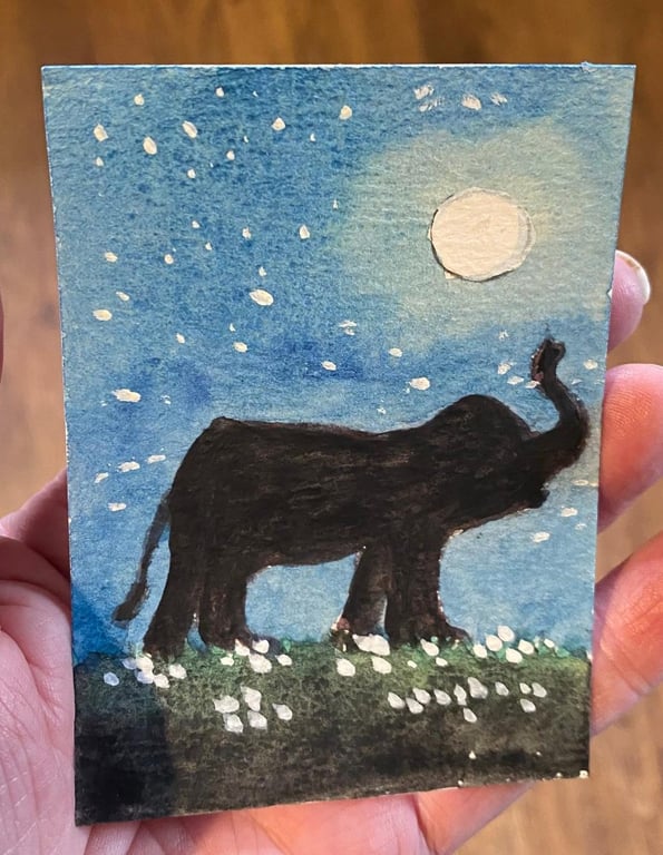 Aceo Elephant Silhouette, in The Moonlight, Original Watercolour, 3.5 x 2.5''