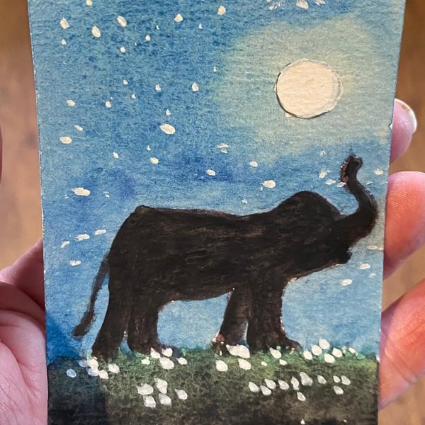 Aceo Elephant Silhouette, in The Moonlight, Original Watercolour, 3.5 x 2.5''