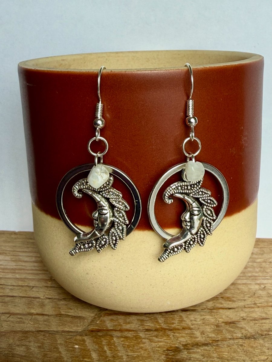 Crescent Moon Full Moon Dangle Earrings with Natural Moonstone 