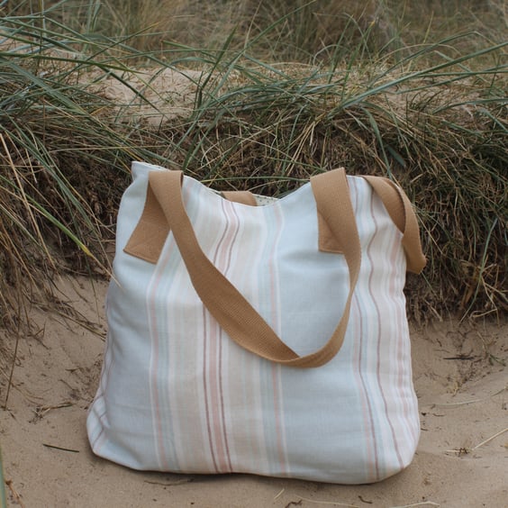 Beach bag made from Laura Ashley peppermint green 'Heritage Stripe' fabric