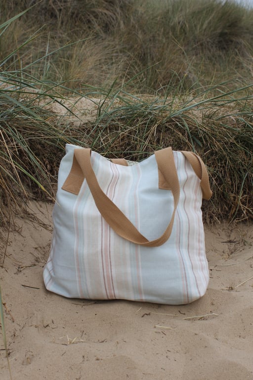 Beach bag made from Laura Ashley peppermint green 'Heritage Stripe' fabric