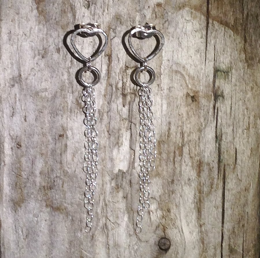Sterling Silver Heart and Chain Earrings - UK Free Post
