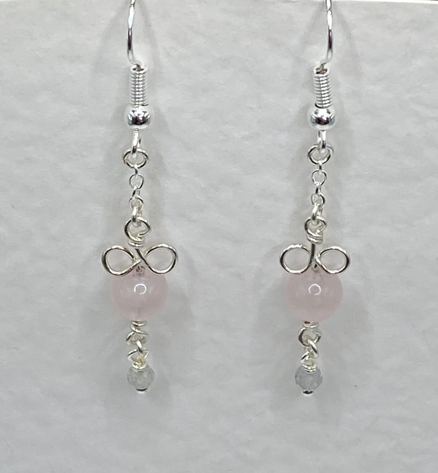 Wirework bow drop earrings with rose quartz and labradorite
