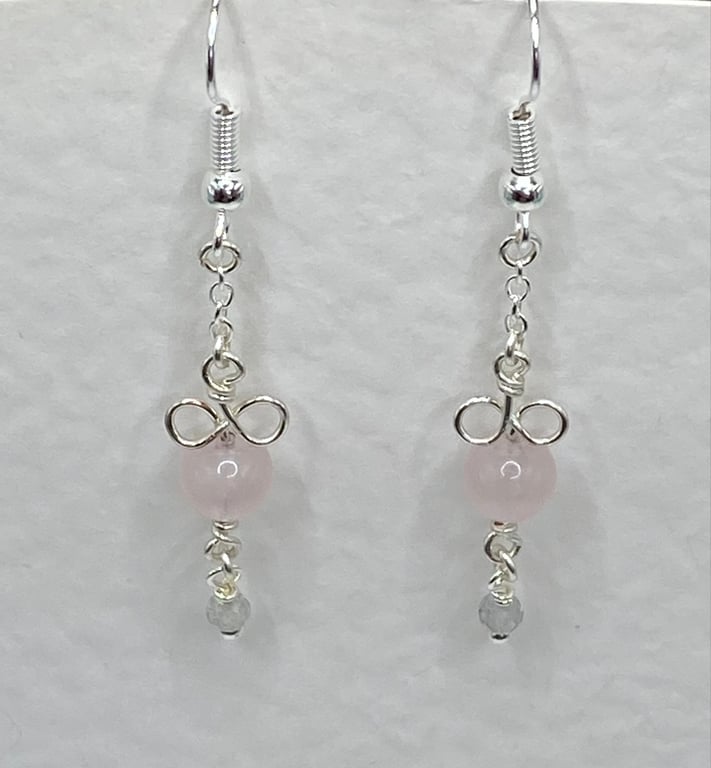 Wirework bow drop earrings with rose quartz and labradorite