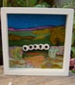 Sheep by a dry stonewall wool painting.  Needlefelt picture with hand embroidery - Image 2