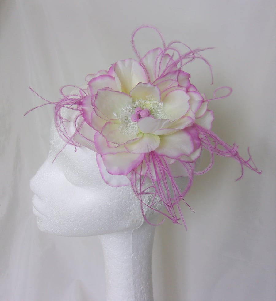 Ivory & Lavender Pink Flower Feather Hair Clip Hair Accessory