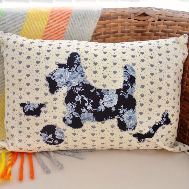 Dog with Toys: Appliqué Cushion 43x30cm with Grey Hearts