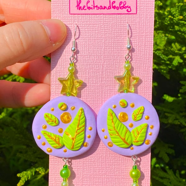 Clay Earring - 'Leafy Purple Skies'
