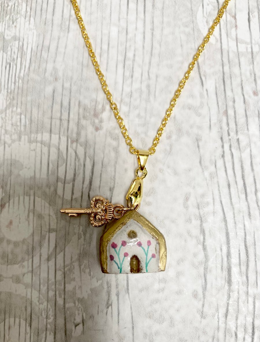 Tiny House & Key Pendant Necklace Clay Charm Mini Clay House Jewellery