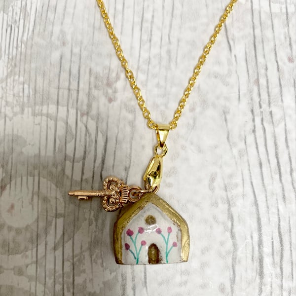 Tiny House & Key Pendant Necklace Clay Charm Mini Clay House Jewellery
