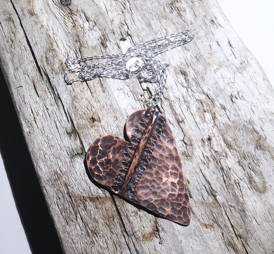  Handmade Antiqued Copper Heart Pendant on Sterling Silver - UK Free Post