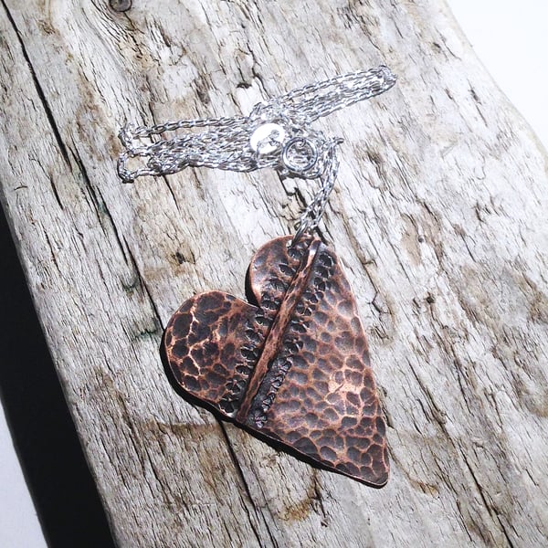  Handmade Antiqued Copper Heart Pendant on Sterling Silver - UK Free Post