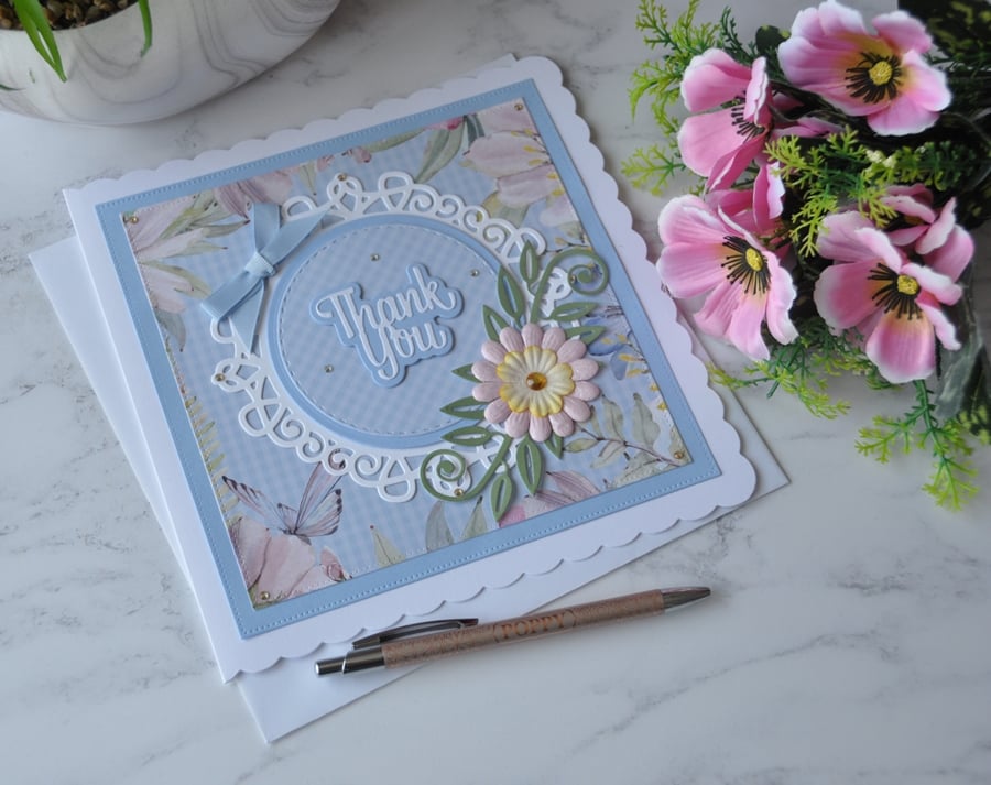 Thank You Card Blue Pink Yellow Flower 3D Luxury Handmade Card
