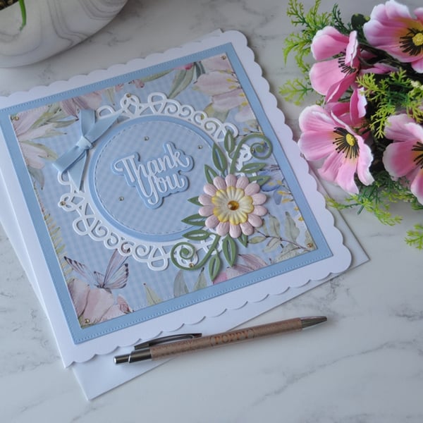 Thank You Card Blue Pink Yellow Flower 3D Luxury Handmade Card